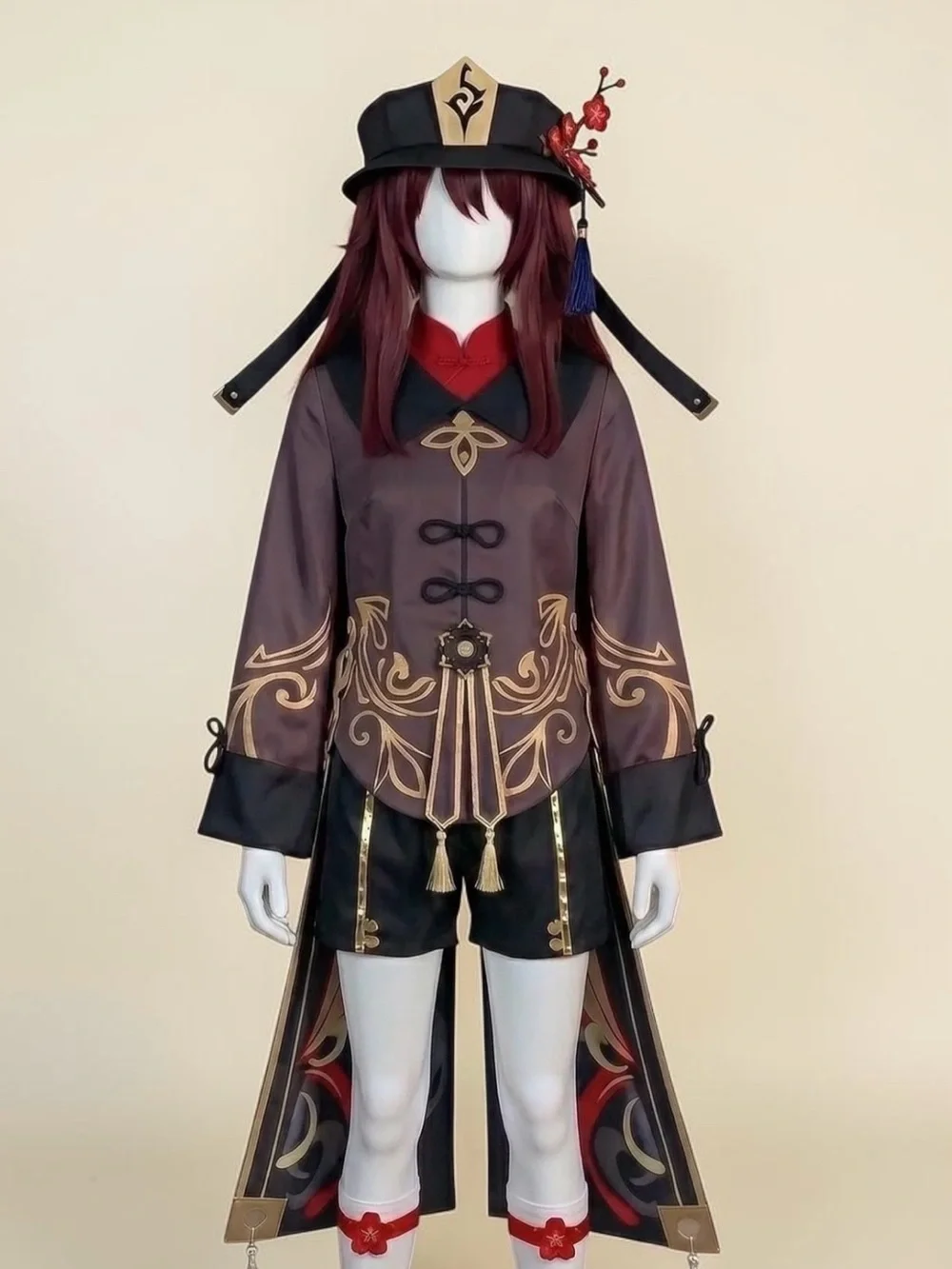 Hu-Tao Halloween Costume. Animation Woman set. Wig, hat, coat, shorts